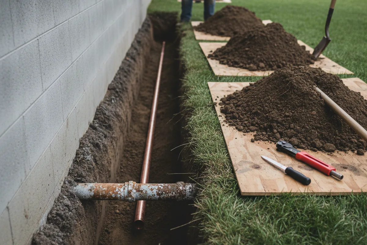 Excavated water line trench during Water Softener Installation in Hillpoint